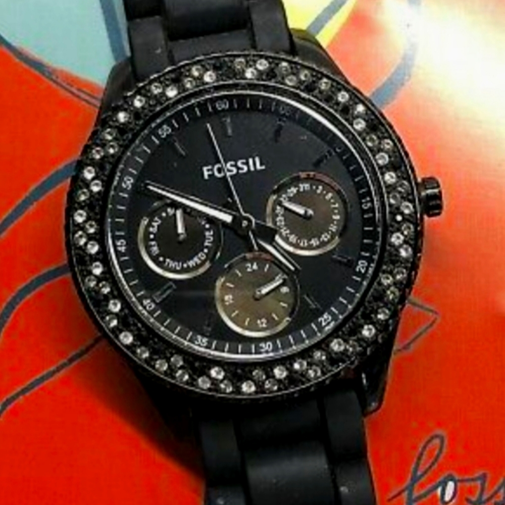 FOSSIL Black Silicone Watch w/Black and Clear Crystals ES2896